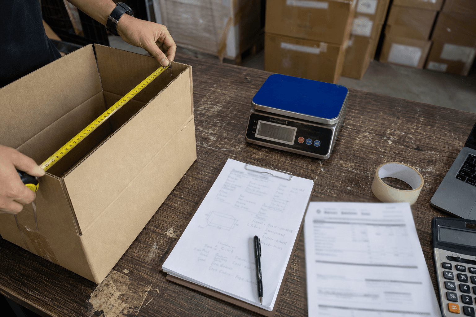 Hands measuring carton dimensions beside a digital scale and blurred freight notes on a warehouse desk