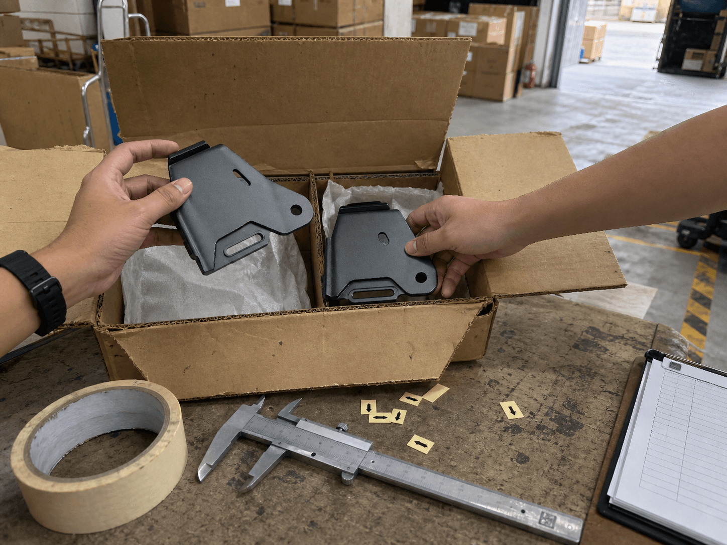 Hands comparing production parts with an approved sample inside an open export carton