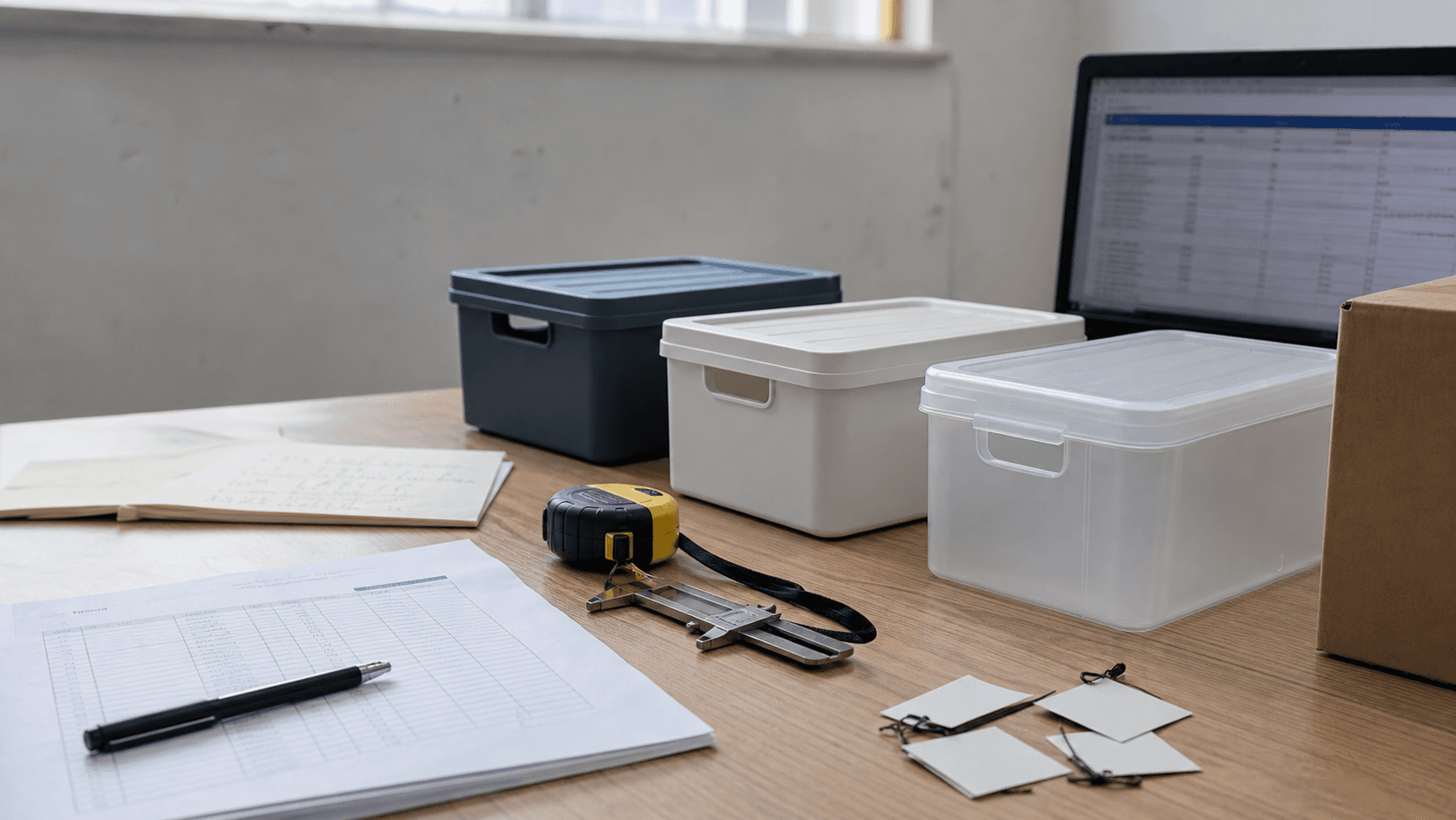 Sourcing file worktable with product samples, measuring tools, quote sheets, and a carton