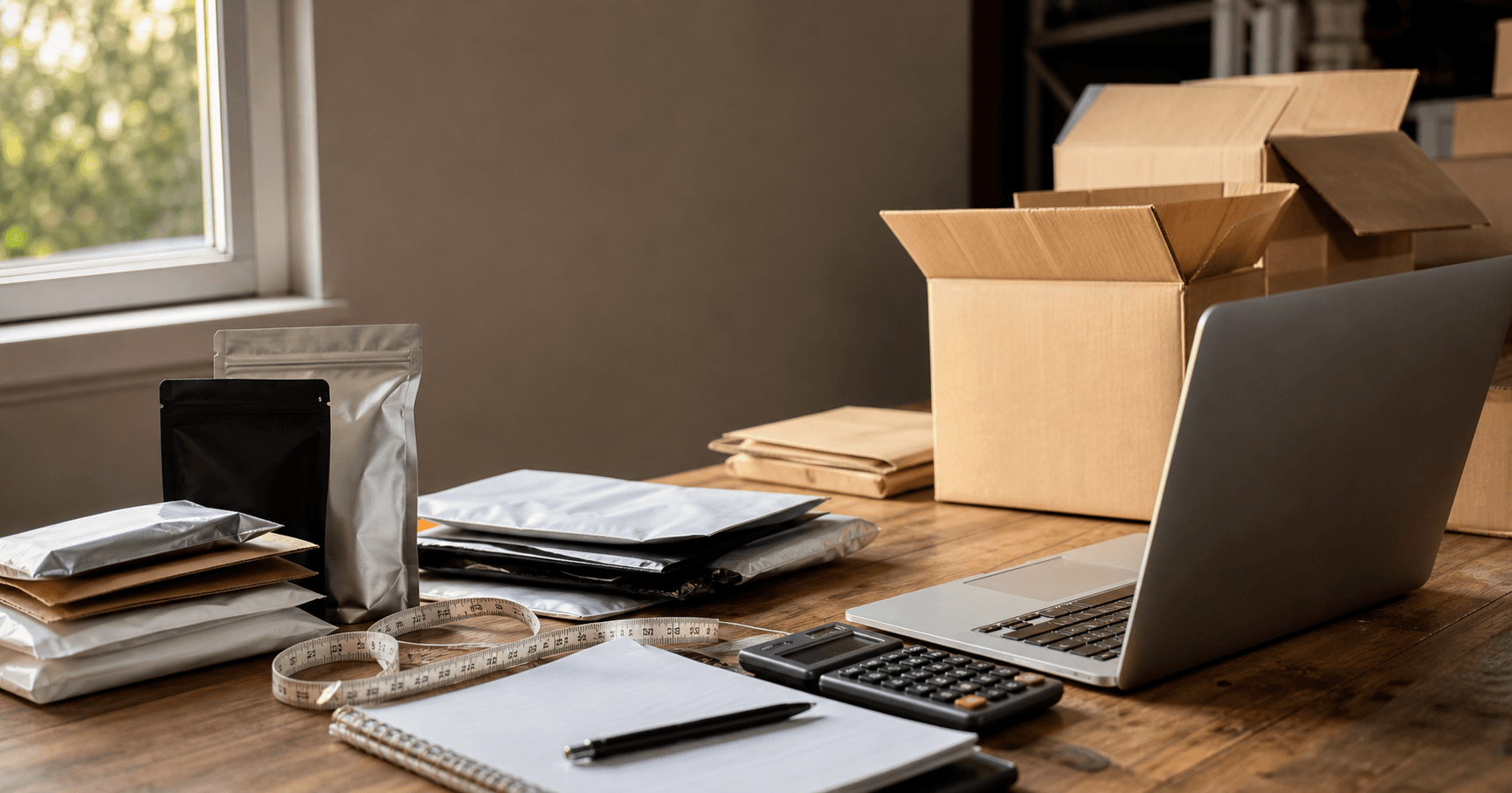 Ecommerce sourcing desk with unbranded samples, cartons, calculator, laptop, and measuring tape