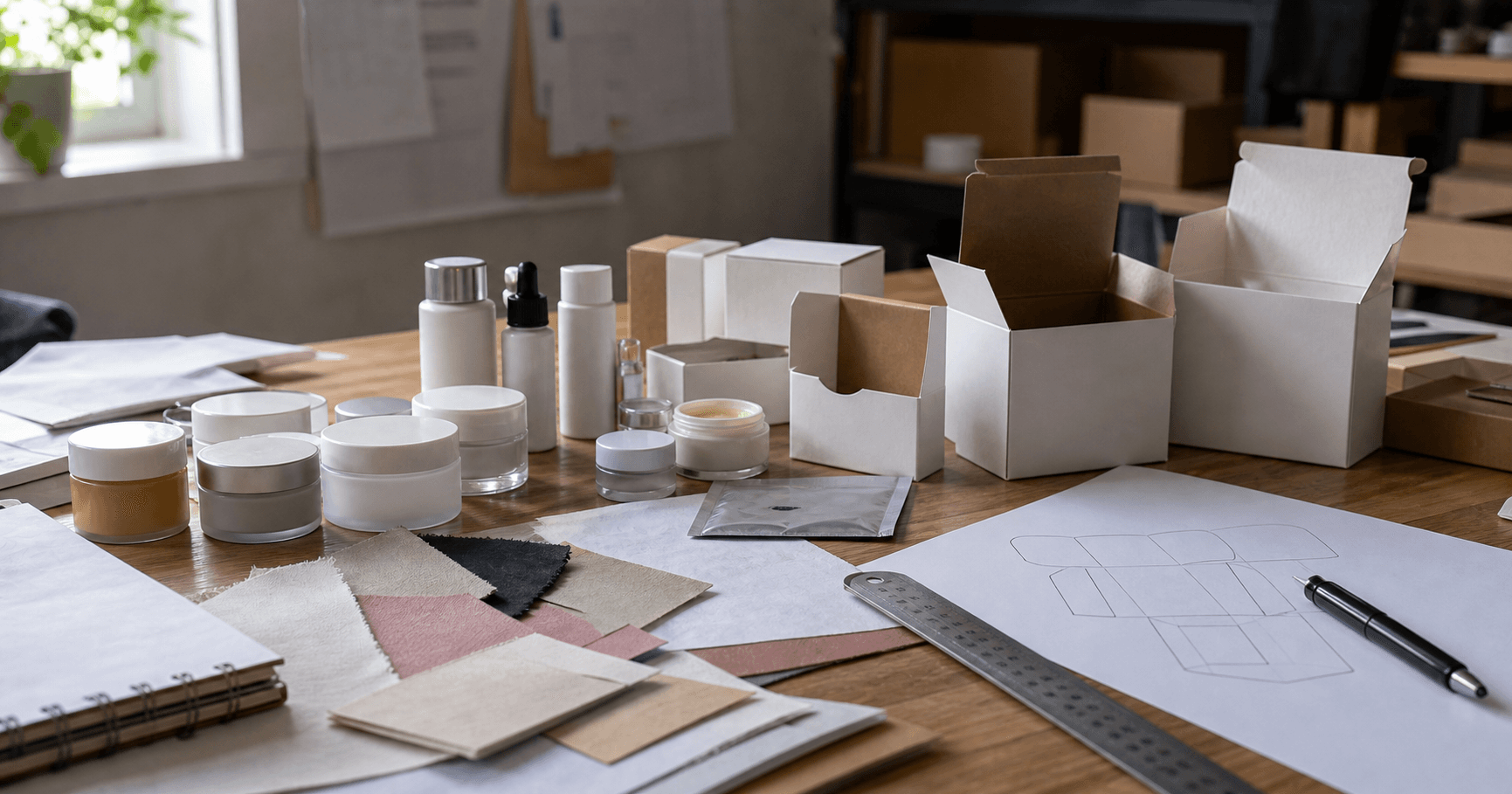 Private-label product samples, blank cartons, material swatches, and packaging drawings on a worktable