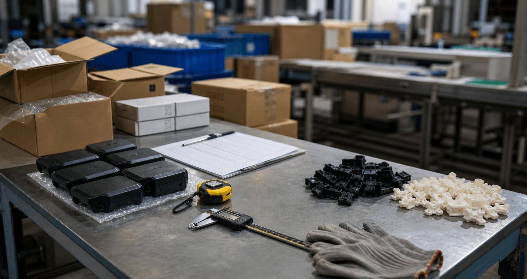 Factory quality-control table with inspection tools, unbranded sample parts, checklist, and cartons
