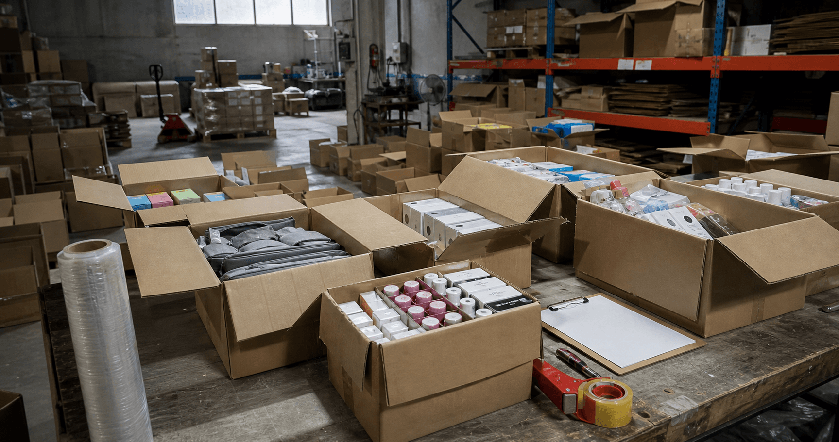 Mixed product cartons and packing materials spread across a warehouse sorting table
