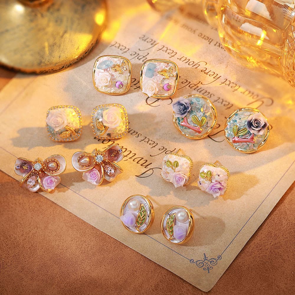 Monet Garden Oil Painting Enamel Pearl Stud Earrings - 1