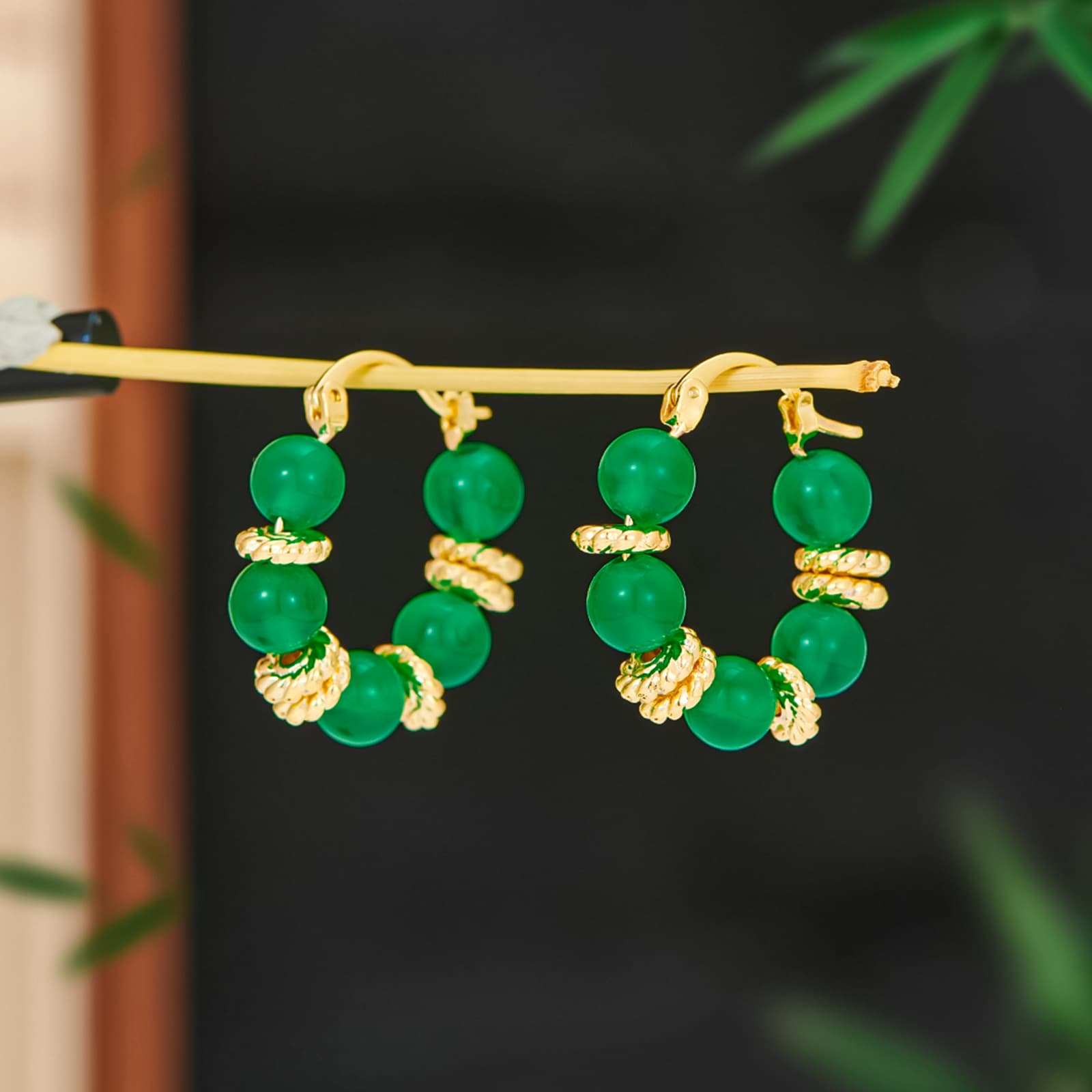 New Chinese Style Green Agate S925 Stud Earrings - 1