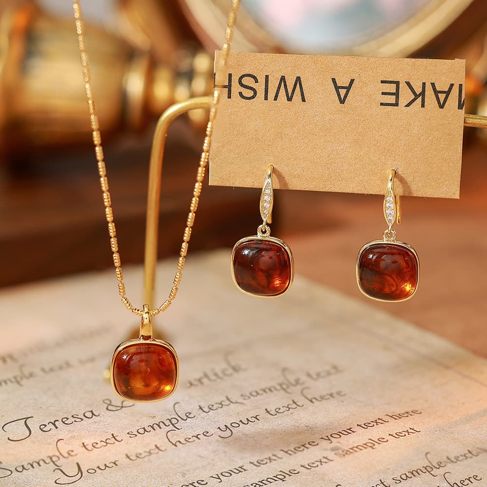 Women's Gold Plated Tiger's Eye Cube Necklace Earring Set - 1