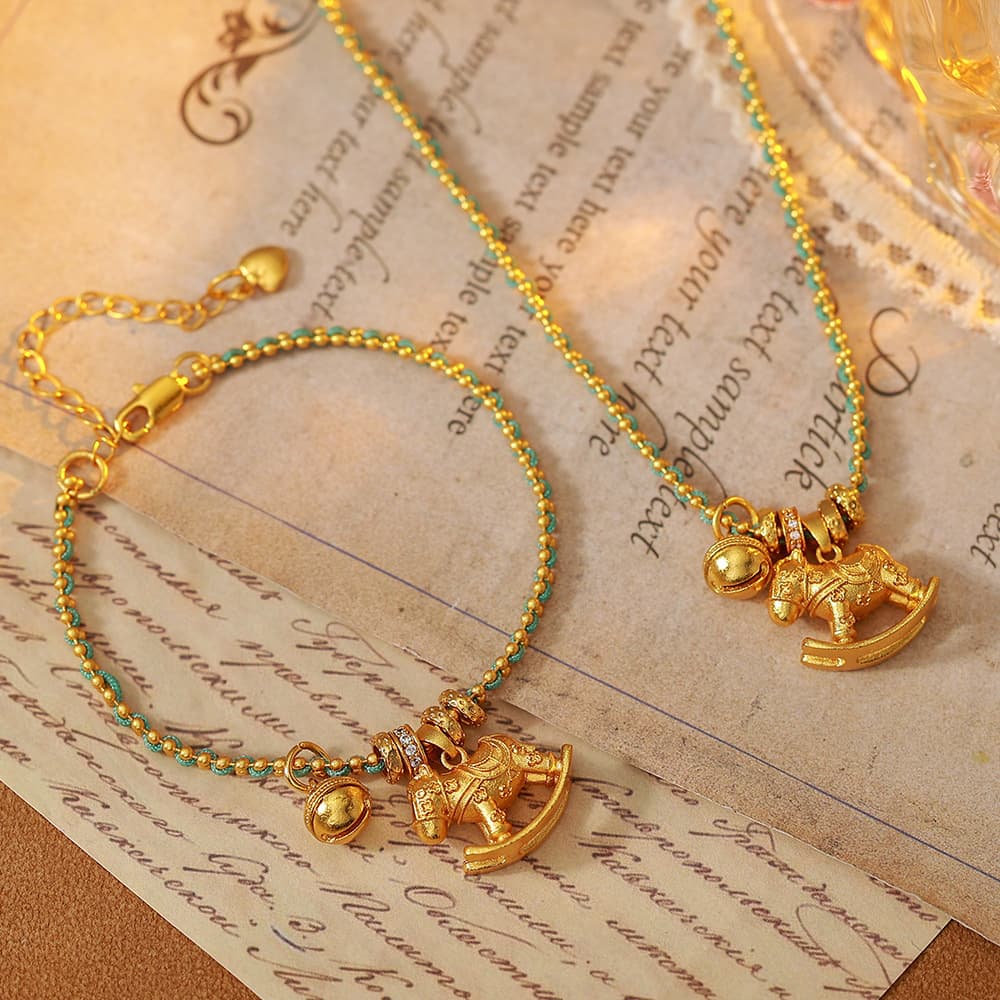 18K Gold Plated Rocking Horse Necklace & Red Rope Bracelet Set - 1