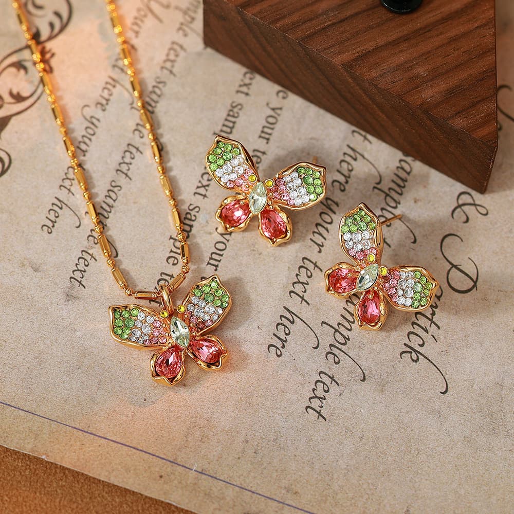 Women's Gold Plated Colorful Crystal Butterfly Necklace Earring Set - 1