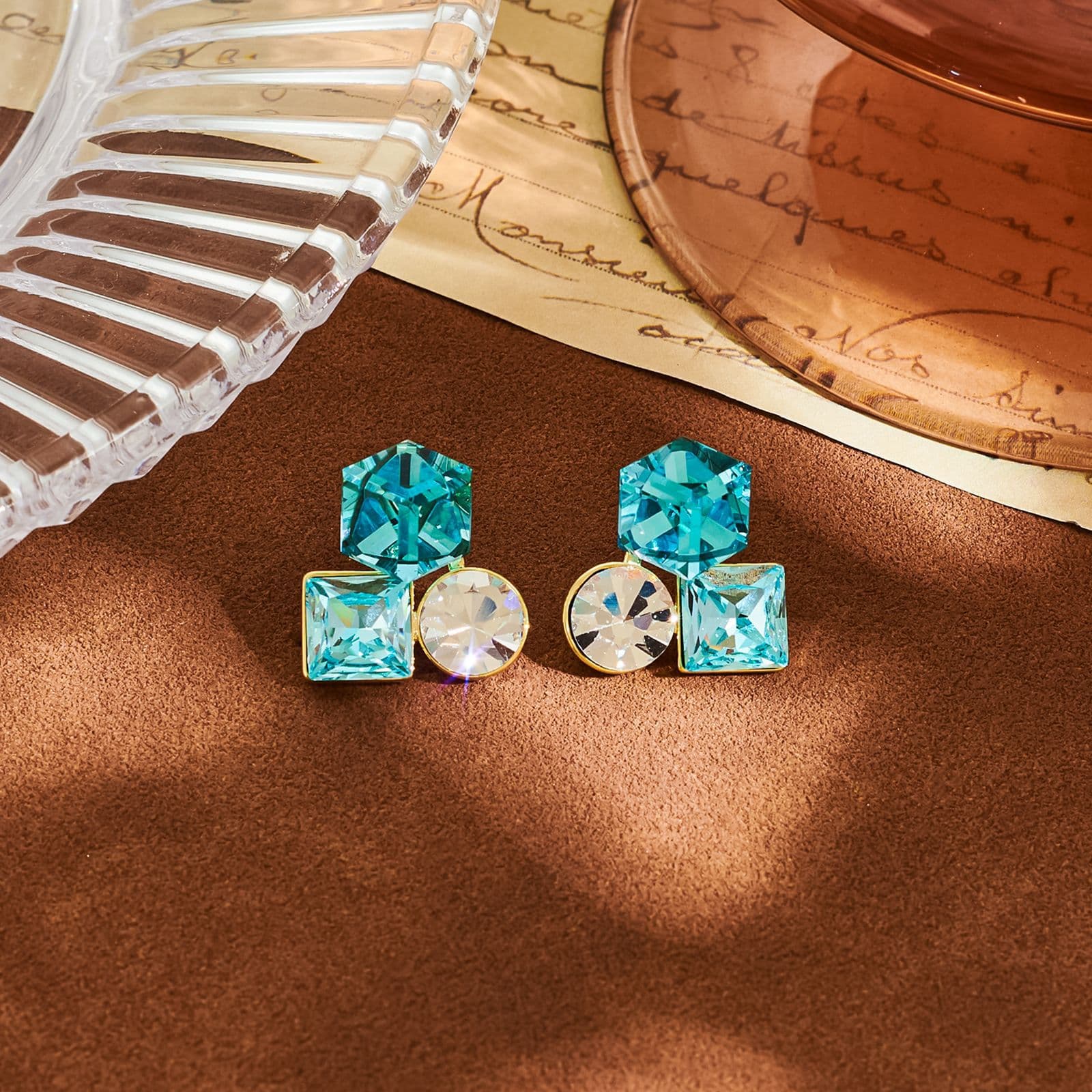 Blue Crystal Square Stud Earrings, 925 Sterling Silver Post - 1