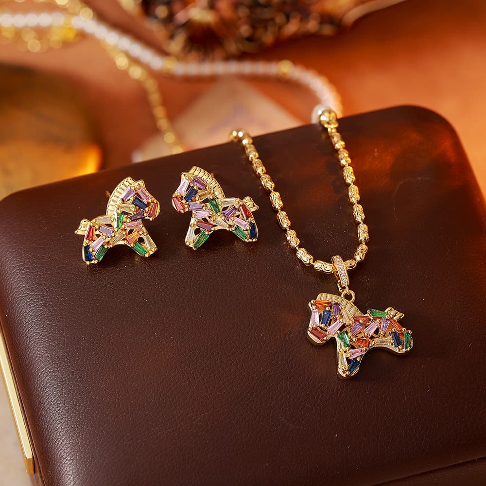 Women's Rainbow Horse Crystal Necklace & Earring Set - 1
