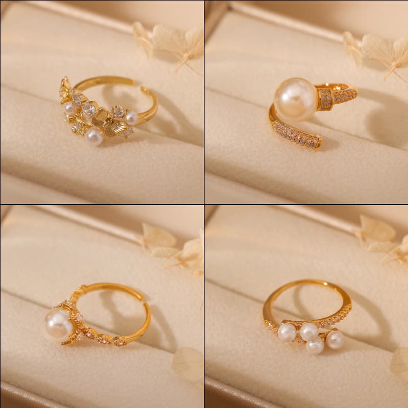 Gold Plated Geometric Zircon Pearl Adjustable Ring - 1
