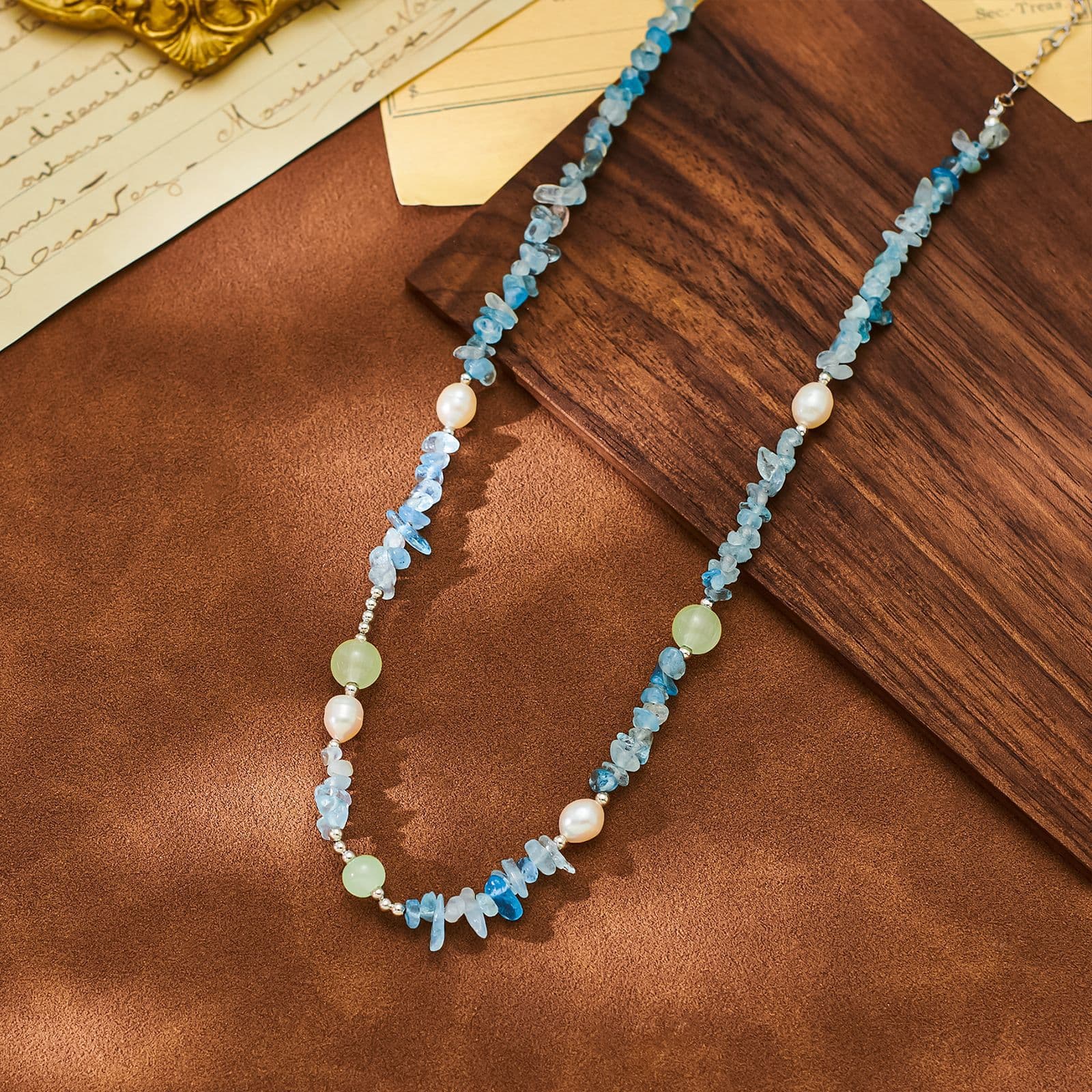 Dopamine Natural Stone Aquamarine Crystal Pearl Necklace - 1