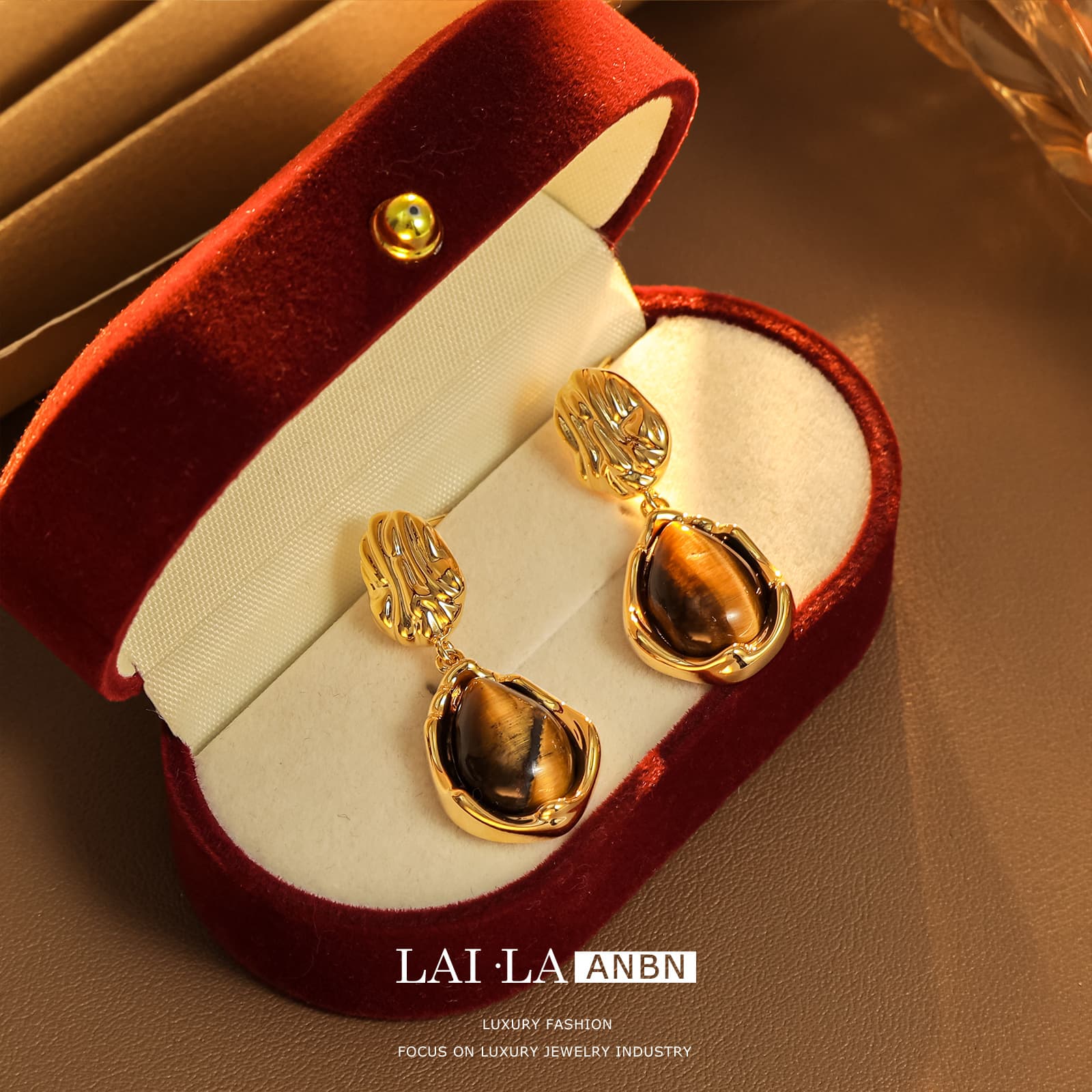 Caramel Maillard Tigereye 925 Silver Stud Earrings - 1