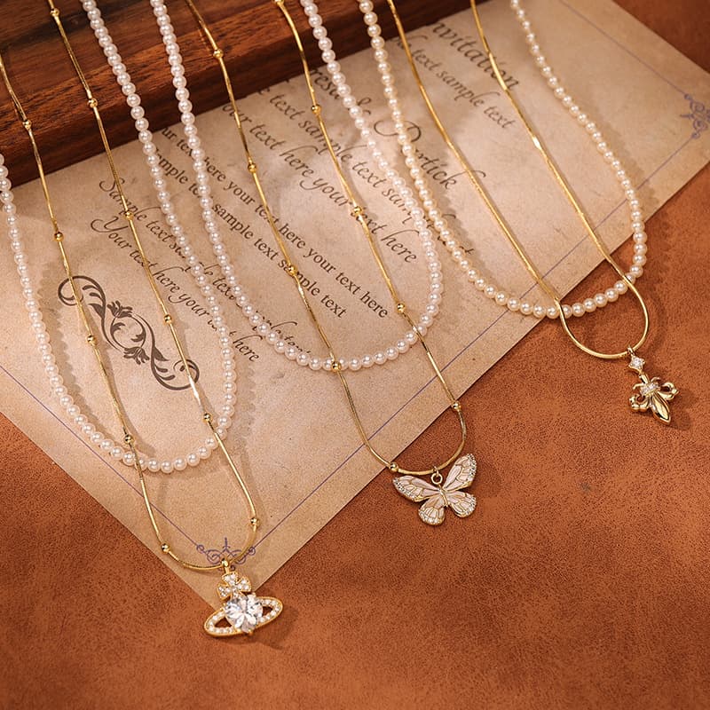 Copper Zircon Saturn Double Layer Pendant Necklace - 1