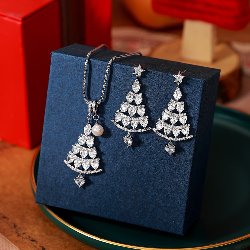 Silver Plated Copper Zircon Christmas Tree Necklace Earring Set - 1