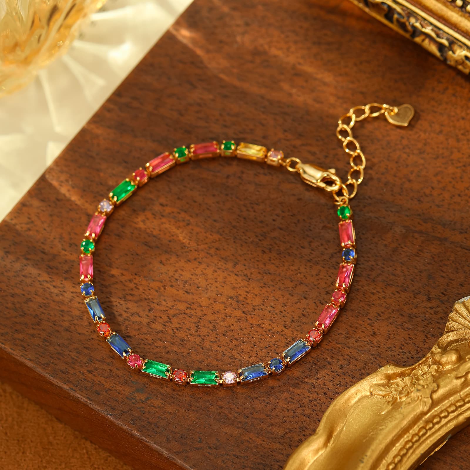 Copper Colorful Zircon Geometric Necklace Bracelet Set - 1