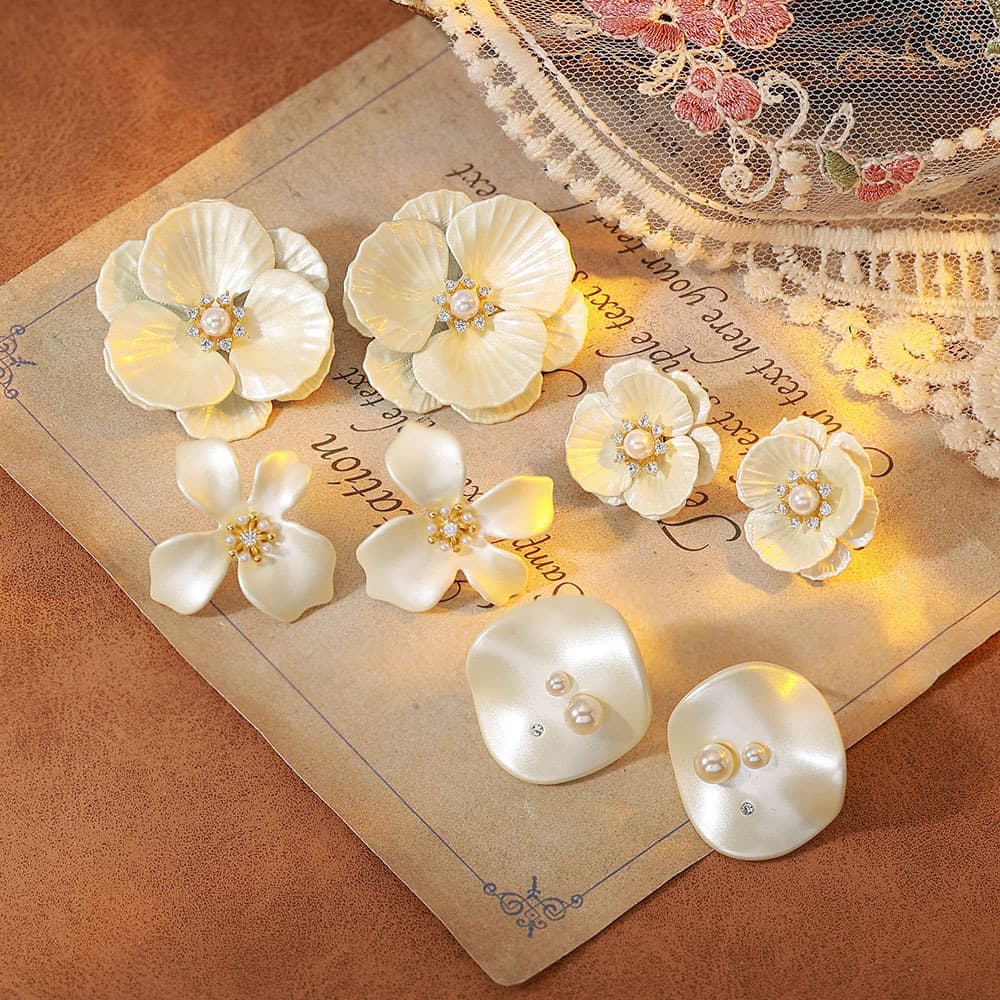 Gold Plated Copper Pearl Flower Stud Earrings, 925 Sterling Silver Post - 1