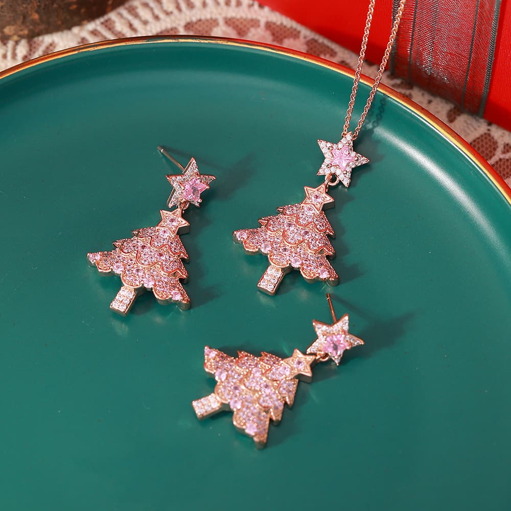Zircon Christmas Tree Necklace Stud Earrings Set - 1