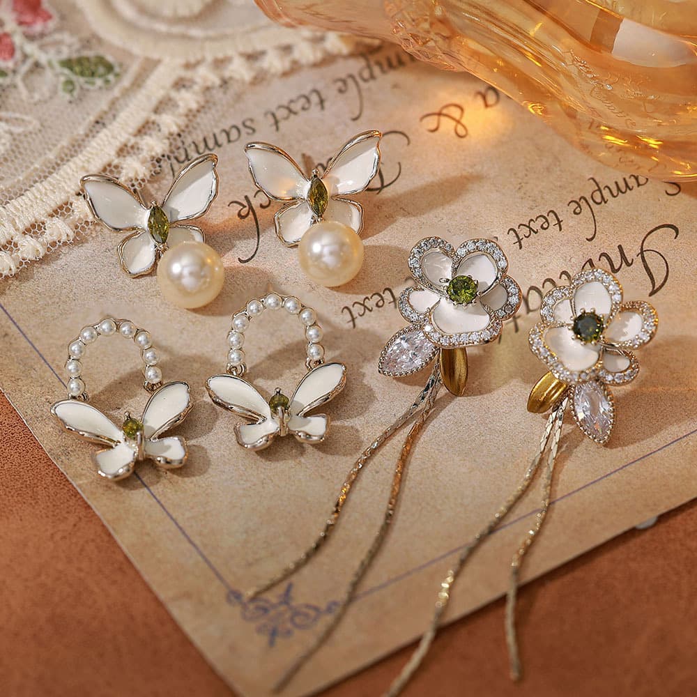 Olive Green Butterfly Pearl Stud Earrings Necklace Set - 1
