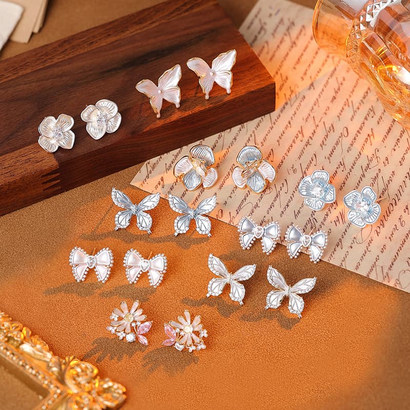 Painted Butterfly Camellia Stud Earrings - 1