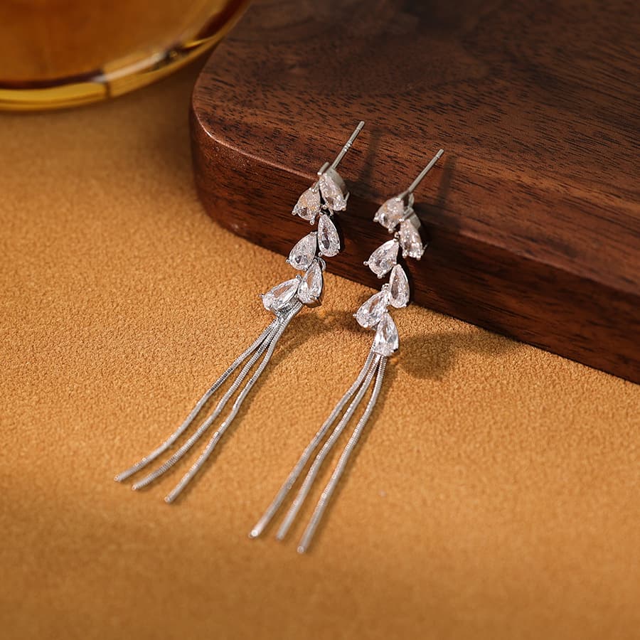 14K Gold Plated Zircon Tassel Wheat Ear Earrings - 1