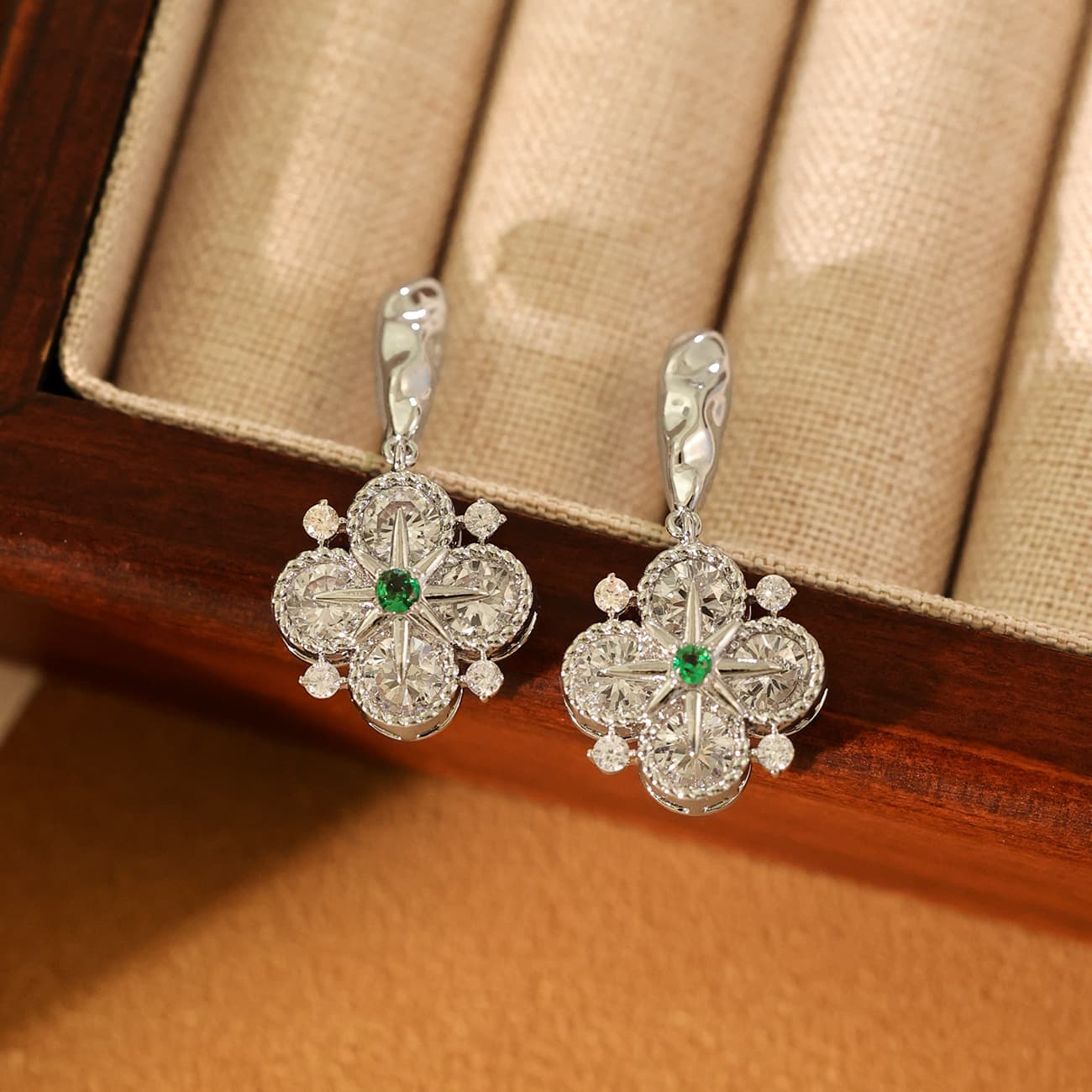 Gold Plated Green Zircon Four-Leaf Flower Drop Earrings - 1