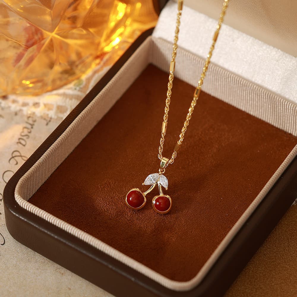 18K Gold Plated Micro-Inlaid Red Cherry Double-Layer Necklace - 1