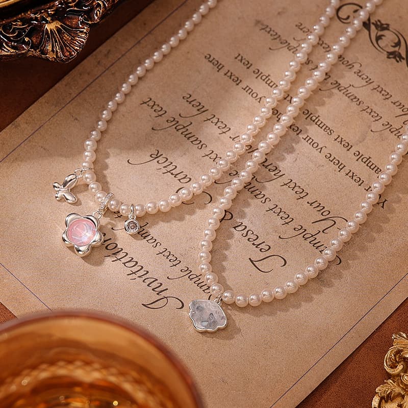 Electroplated Copper Pearl Necklace with Floral Gemstone Pendant - 1