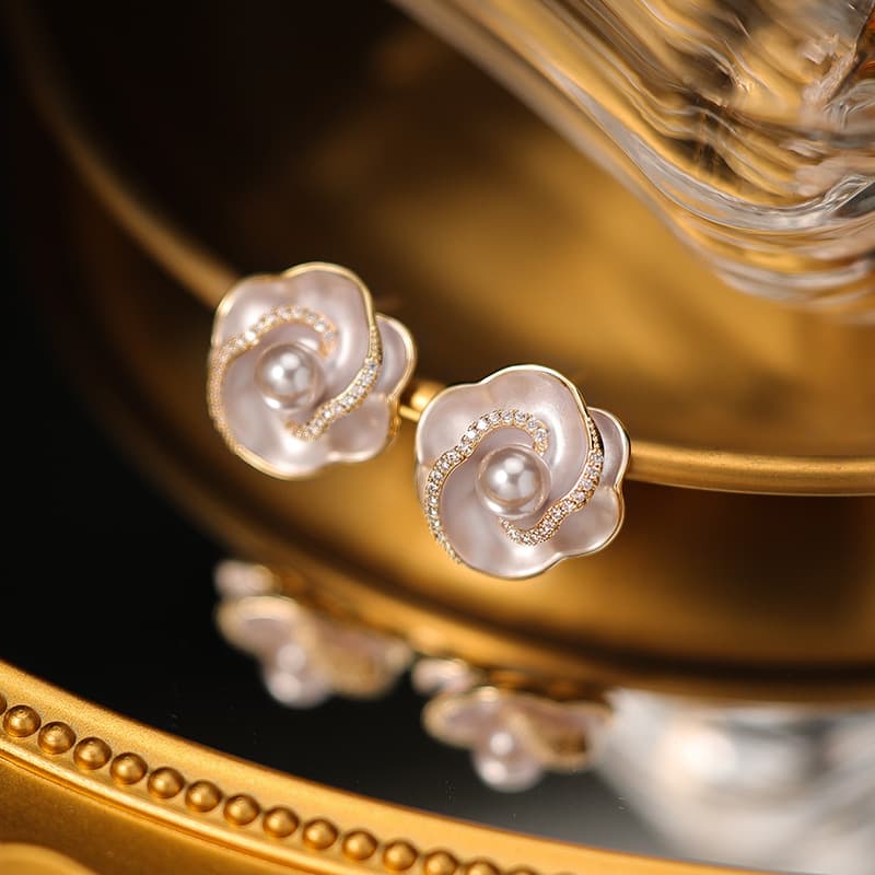 925 Sterling Silver Camellia Purple Pearl Flower Earrings - 1