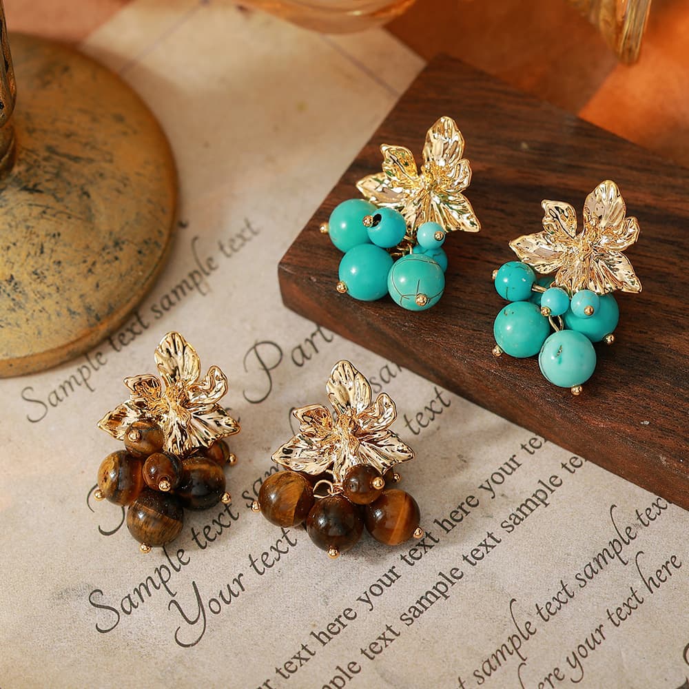 Women's 925 Silver Gold Plated Turquoise Tigereye Grape Cluster Earrings - 1