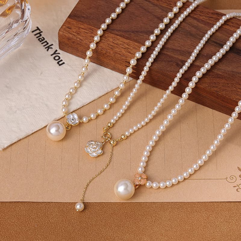 Camellia Flower Imitation Pearl Pendant Necklace - 1