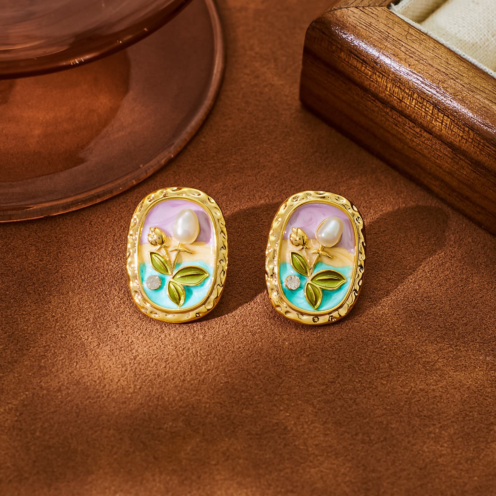 Real Gold Plated Oil Drip Floral Freshwater Pearl Earrings - 1