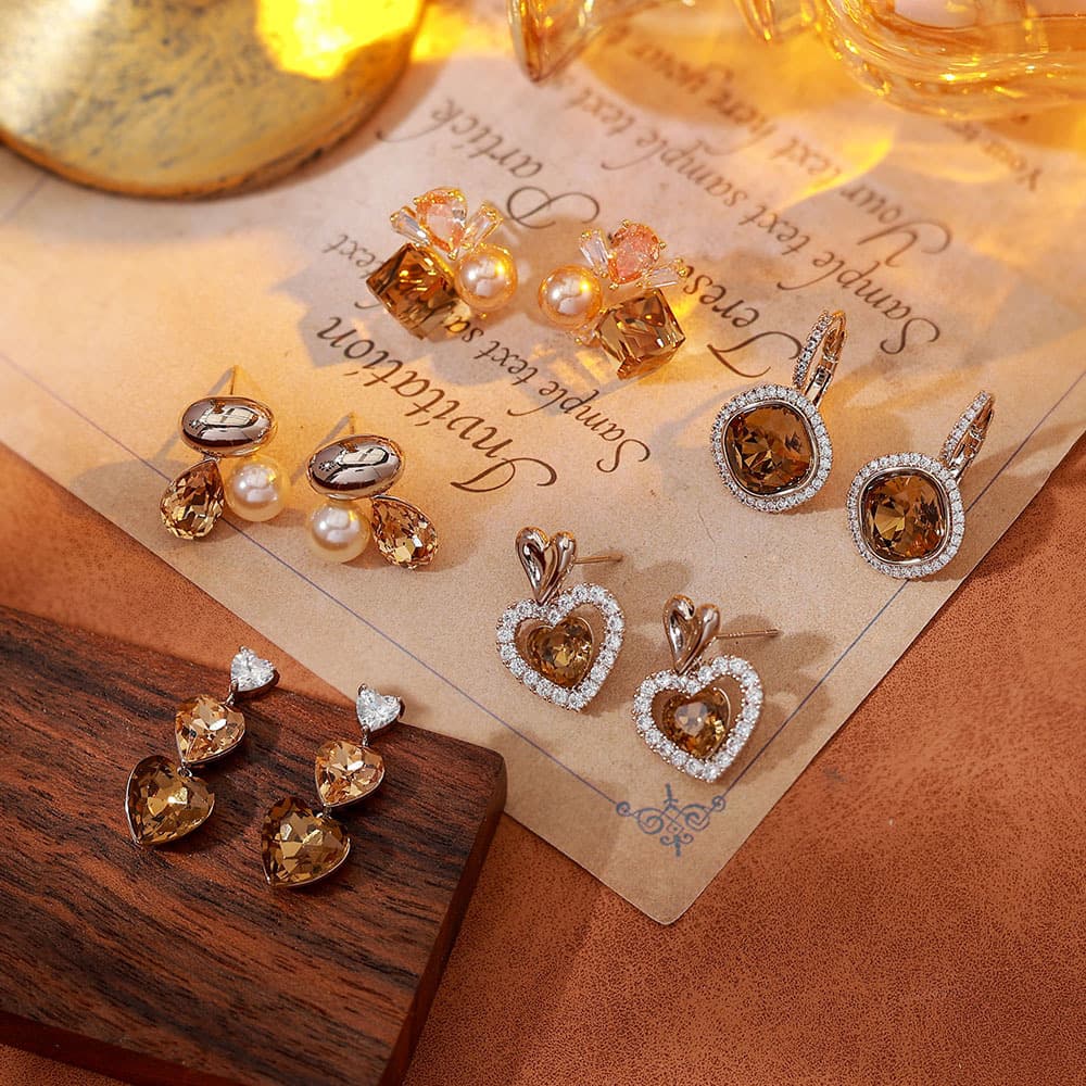 Copper Gold-Plated Maillard Coffee Crystal Stud Earrings - 1