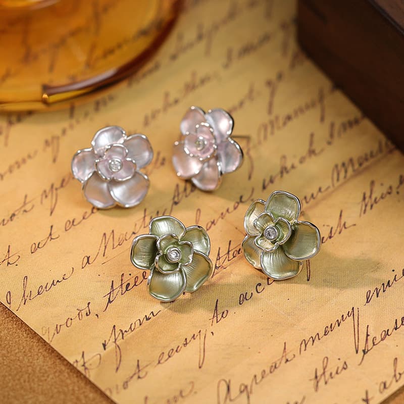 Electroplated Camellia Flower Stud Earrings - 1