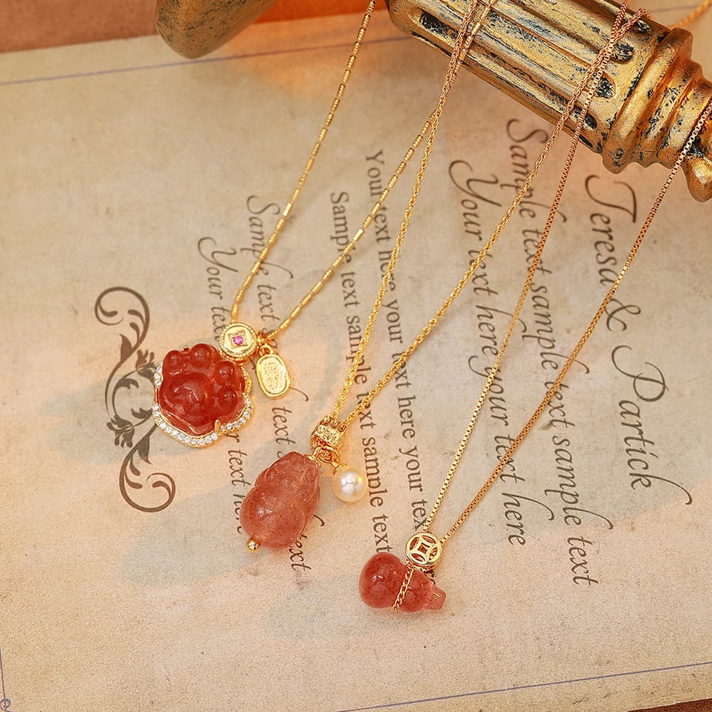 Natural Pink Strawberry Quartz Pixiu Pendant Necklace - 1