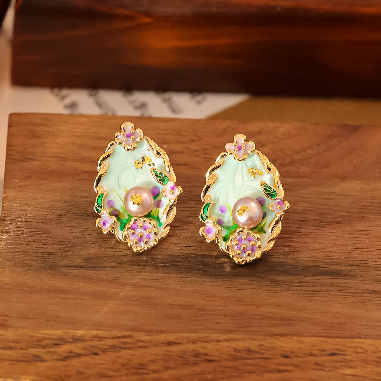 Natural Pearl Stud Earrings, Monet Garden Oil Painting Style - 1