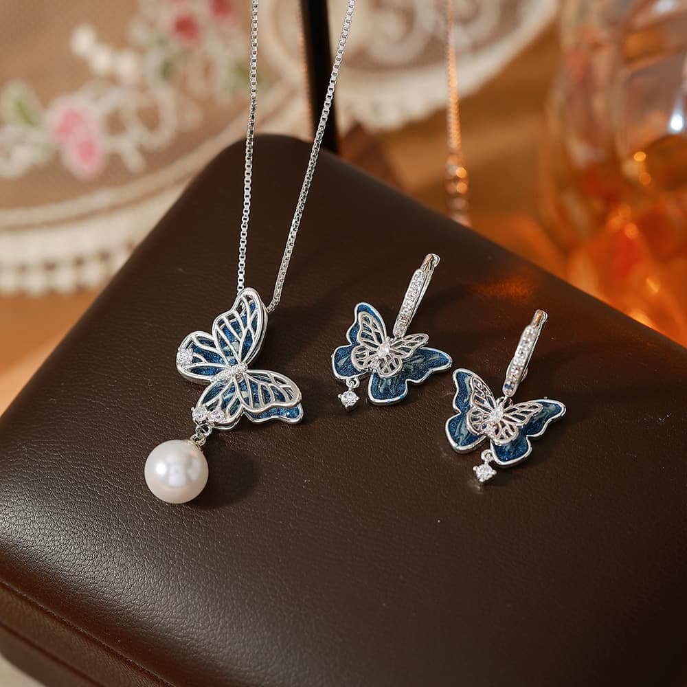 Silver Plated Copper Multi-layer Pearl Butterfly Necklace Earring Set - 1