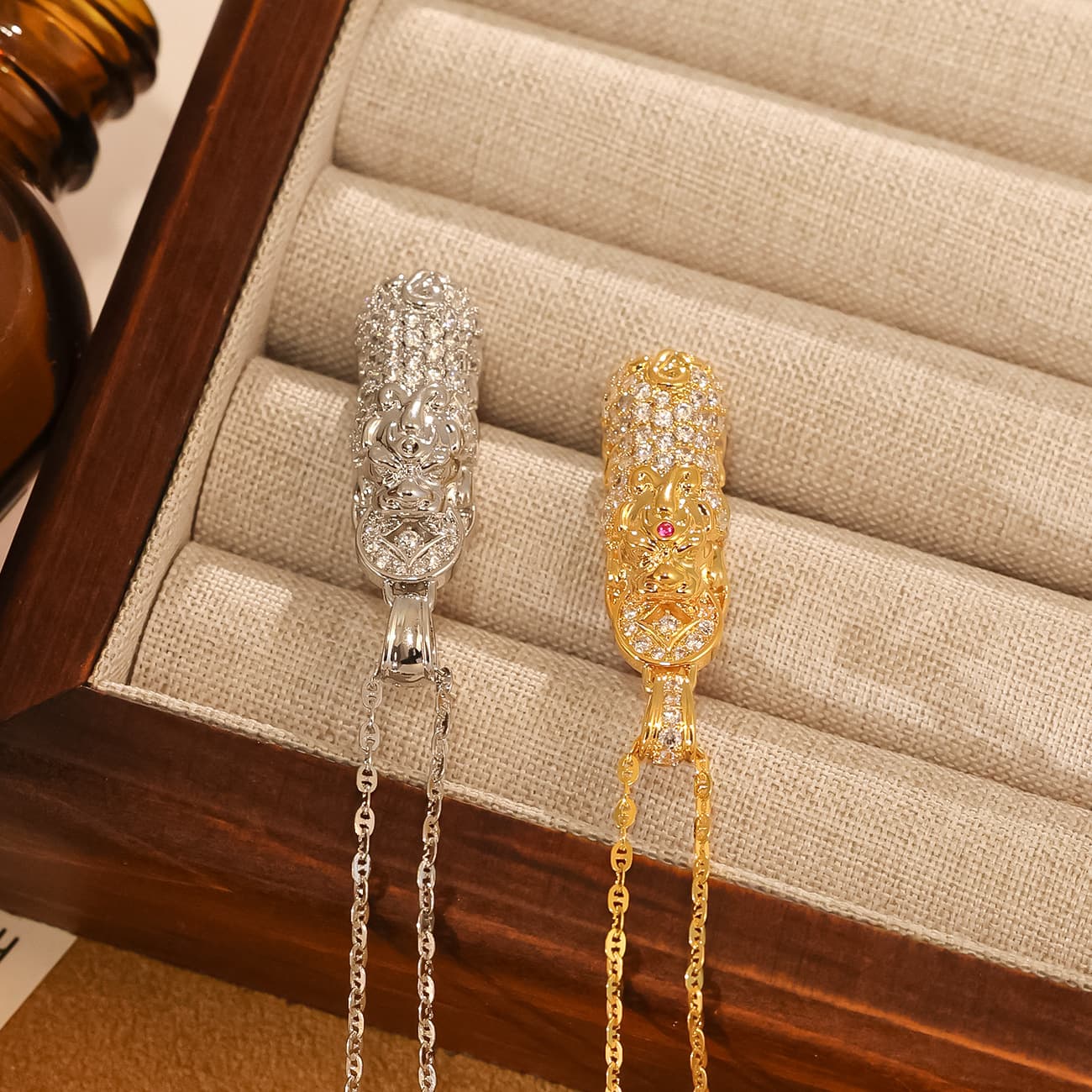 Diamond-Embedded Pixiu Pendant Necklace, Mixed Gemstone Inlay - 1