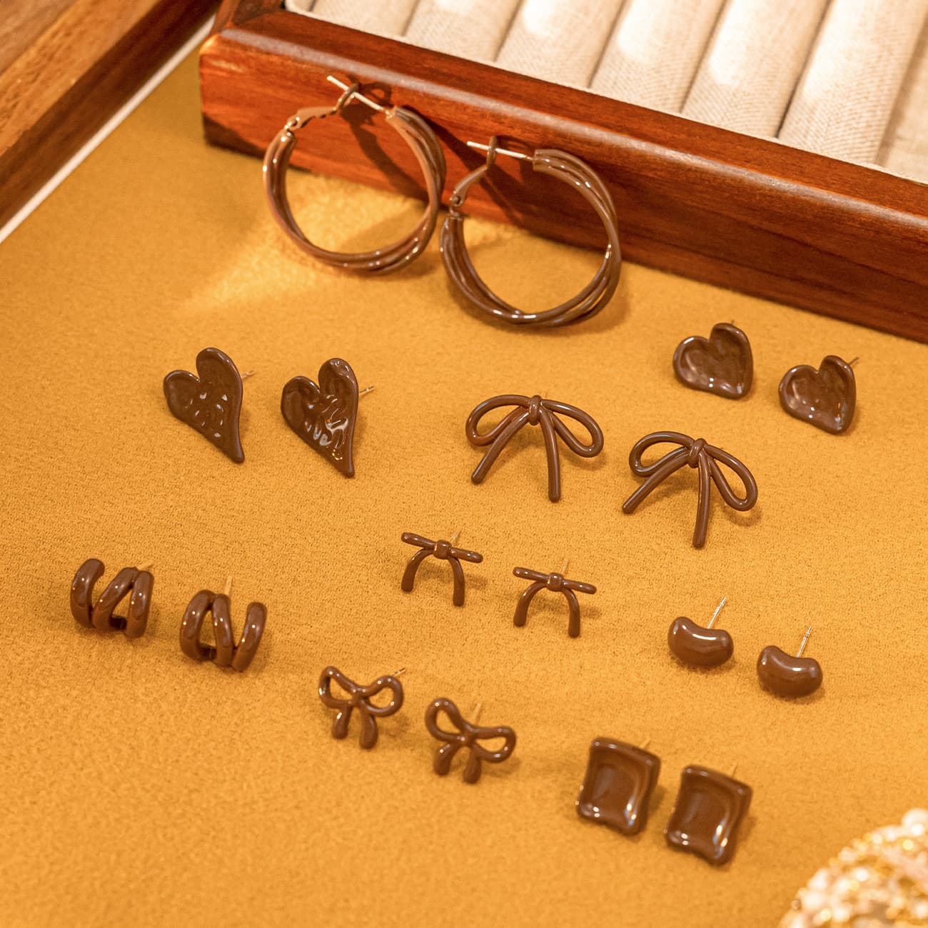 Wholesale 2024 Chocolate Brown Stud Earrings, Assorted Shapes - 1