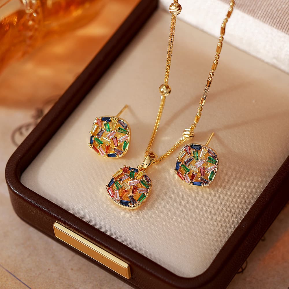 Wholesale Gold Plated Colorful Zircon Necklace Earring Set - 1