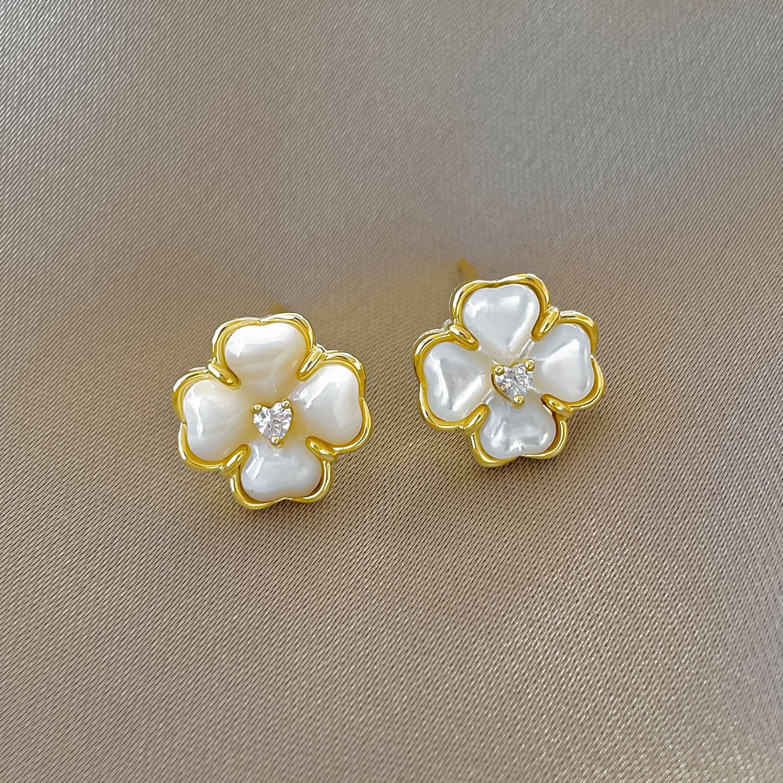 925 Sterling Silver Gold Four Leaf Clover Opal Zircon Stud Earrings - 1