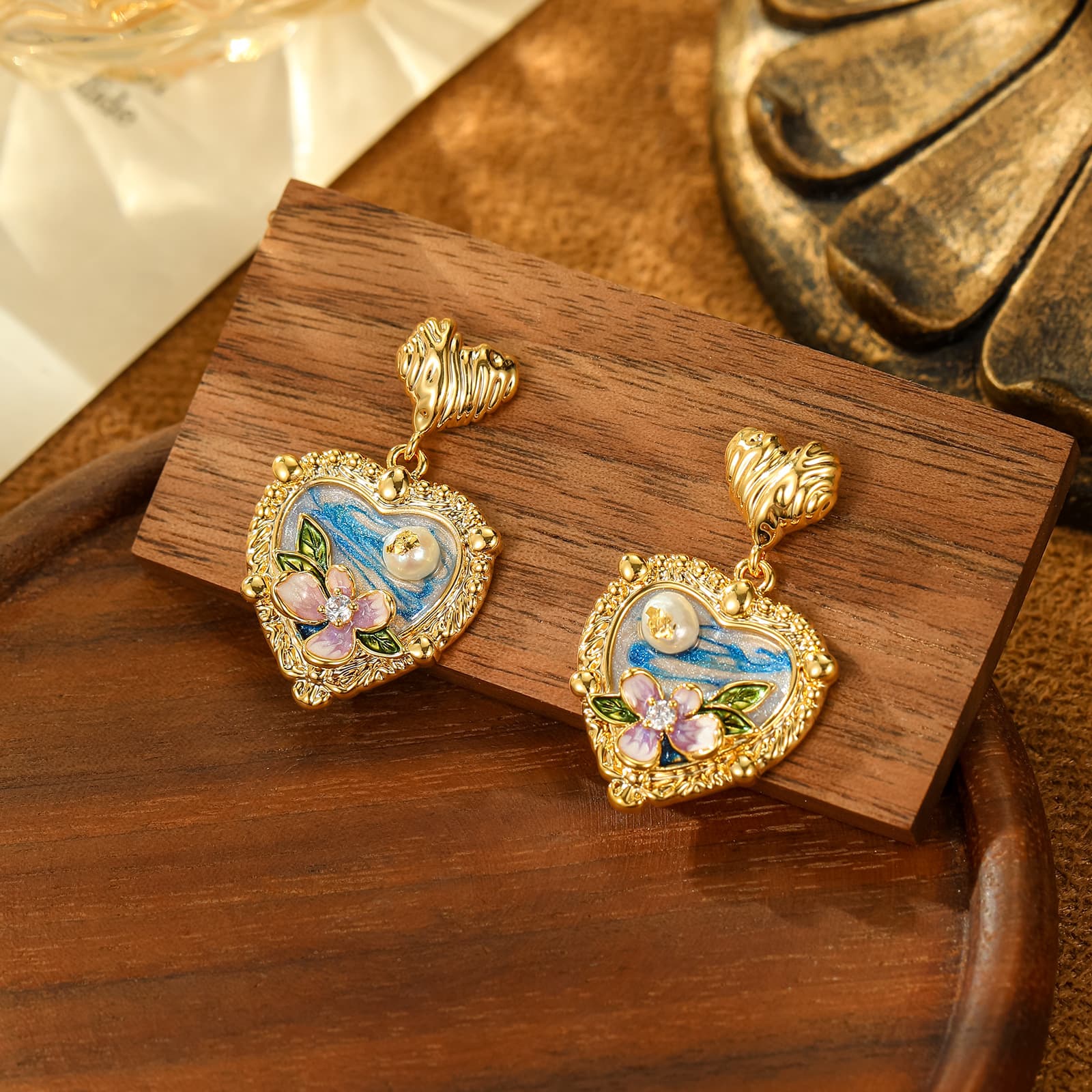 Monet Garden Oil Painting Freshwater Pearl Earrings - 1