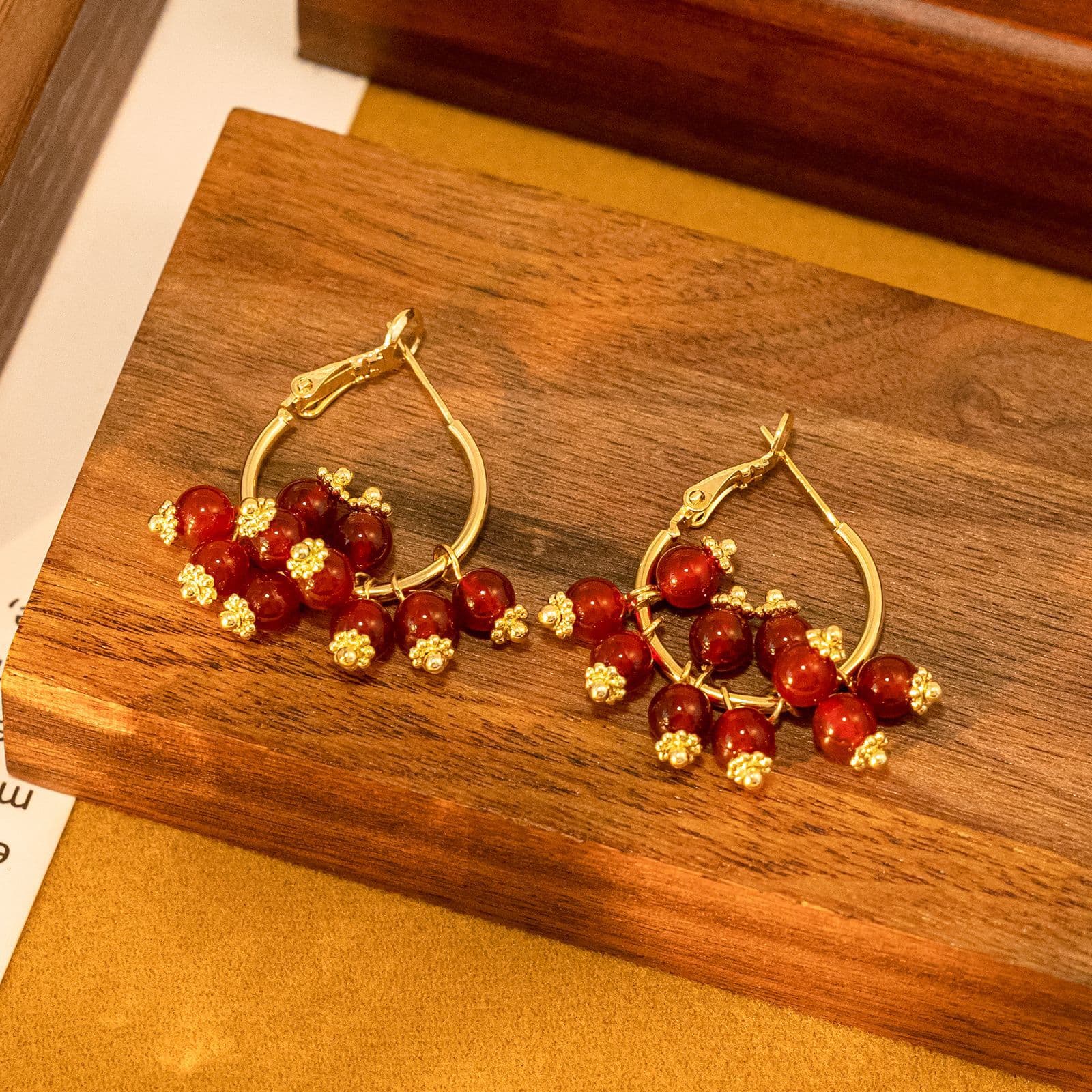 925 Sterling Silver Red Agate Round Bead Stud Earrings 6mm - 1