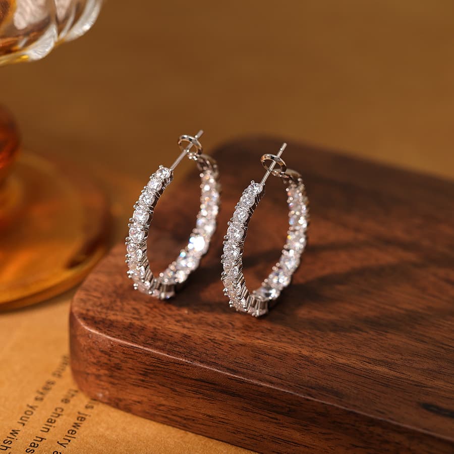 Copper White Gold Plated Micro Zircon Round Hoop Earrings 925 Silver Post - 1