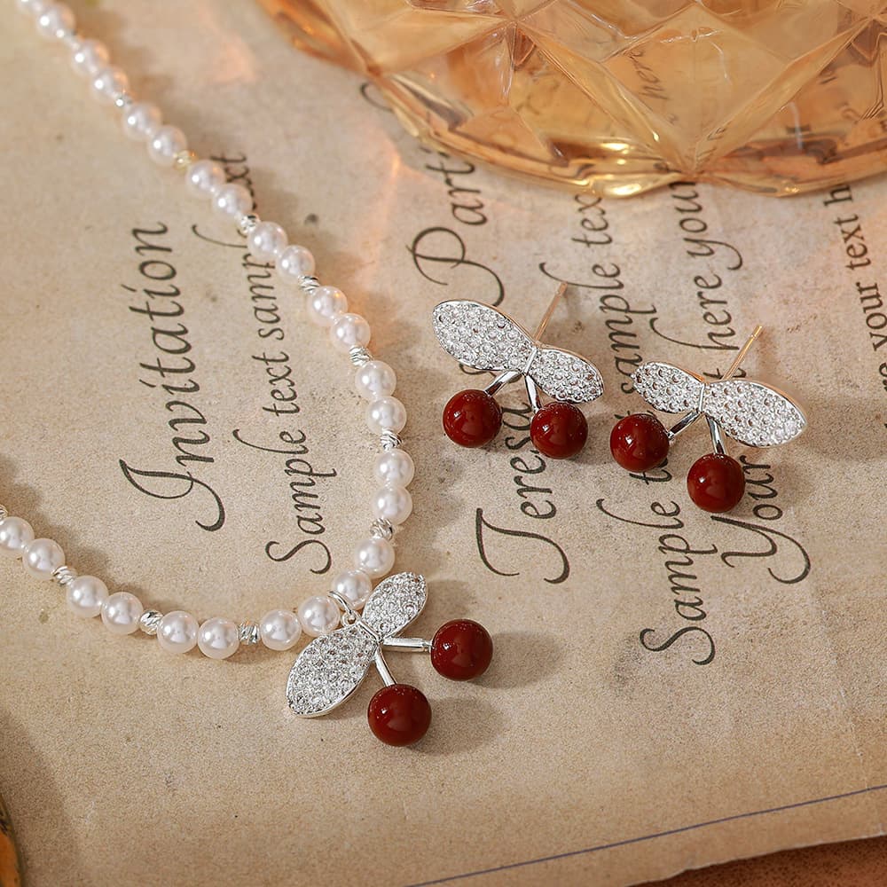 Imitation Pearl Cherry Pendant Necklace and Zircon Earring Set - 1