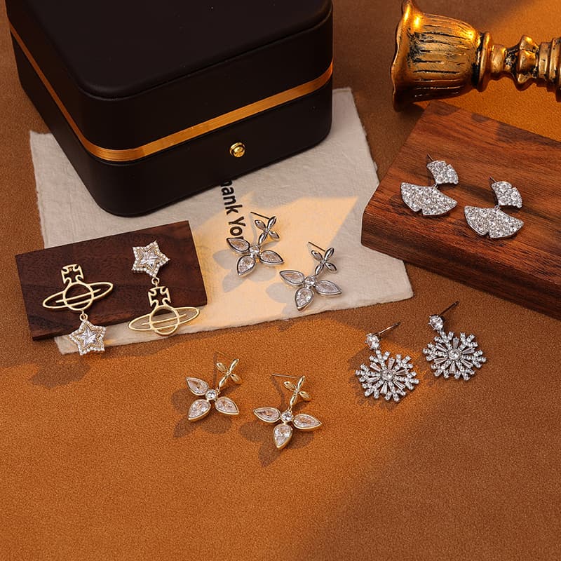 Copper Zircon Star Saturn Stud Earrings 925 Silver Pin - 1