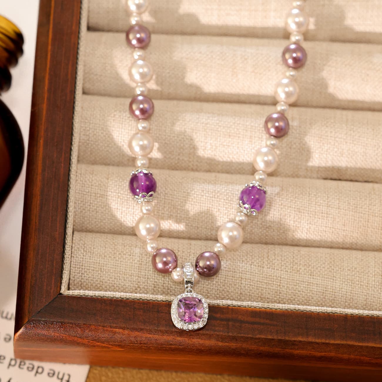 Amethyst Cube Pearl Necklace with Rhinestone Pendant - 1