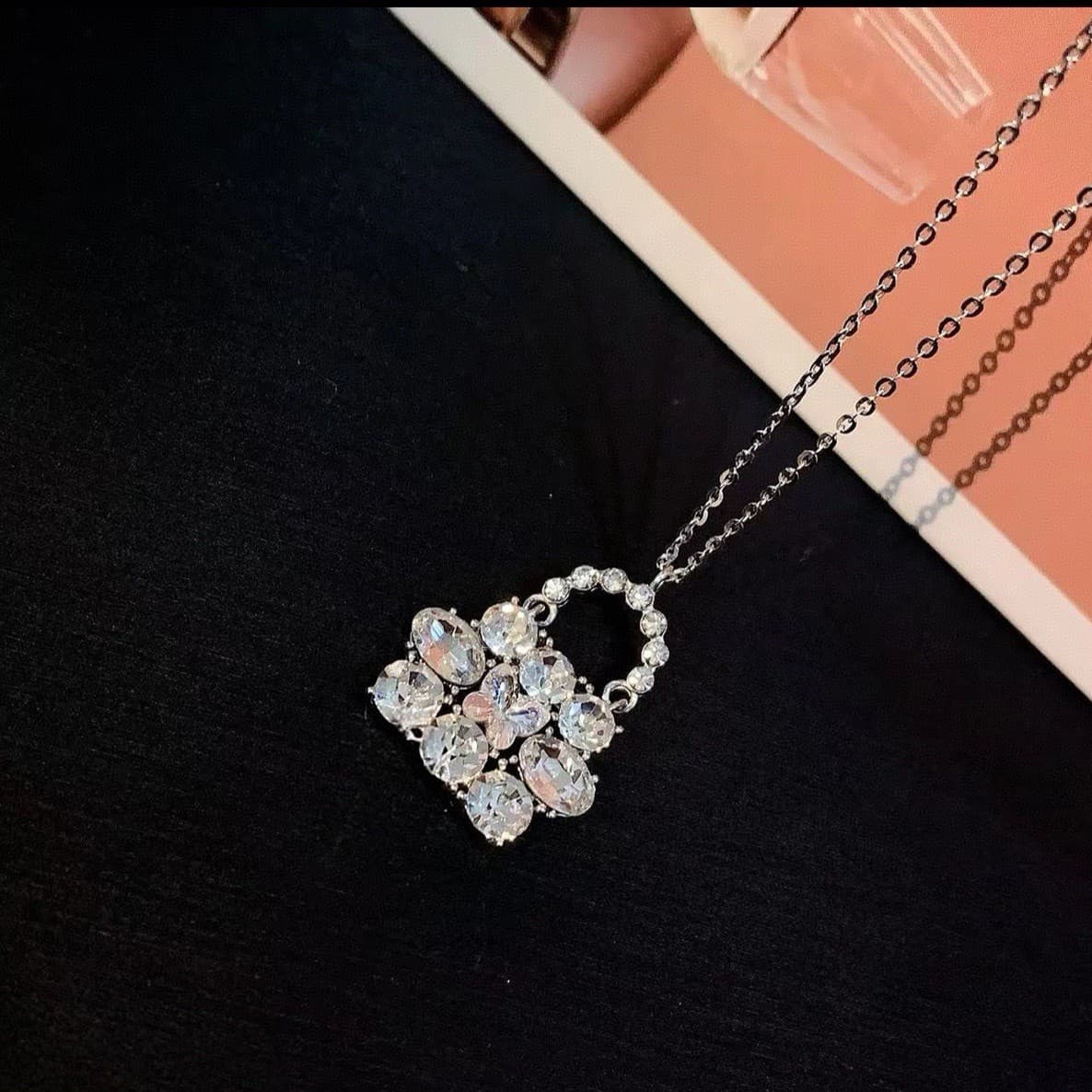 Zircon Bag Ear Stud Necklace Set 925 Silver Pin - 1