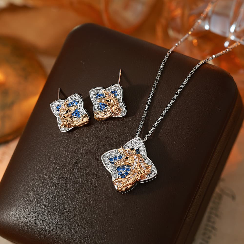 Copper Plated Gold Full Diamond Unicorn Clover Jewelry Set - 1