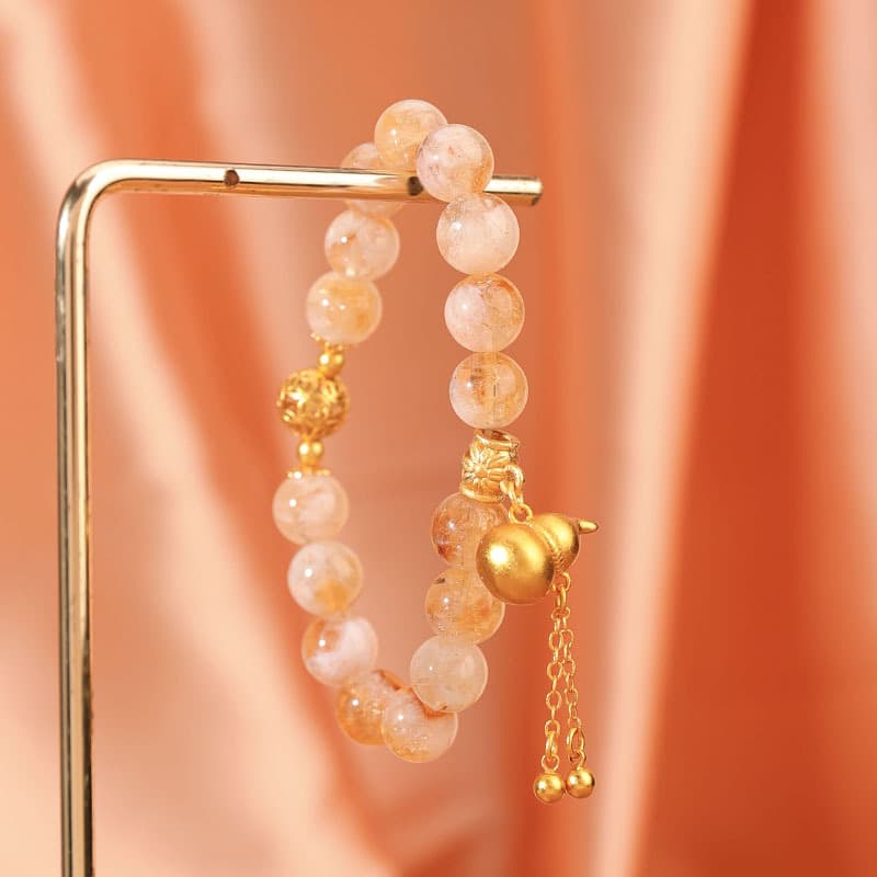 11mm Yellow Tower Crystal Beaded Bracelet, Gold Gourd Charm - 1